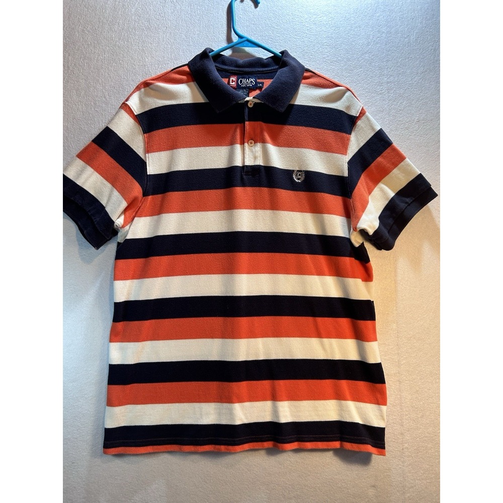 Chaps Men's Polo Shirt L Striped Navy Orange White Cotton Knit Short Sleeve